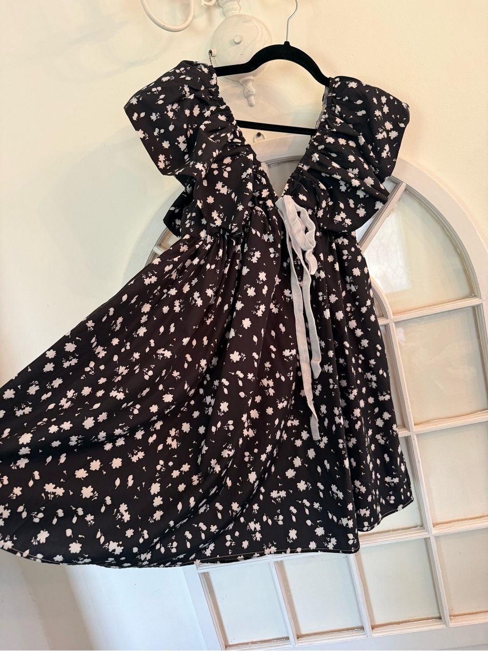 Black & White Ditsy Floral Ruffle Babydoll Mini Dress with Bow Detail